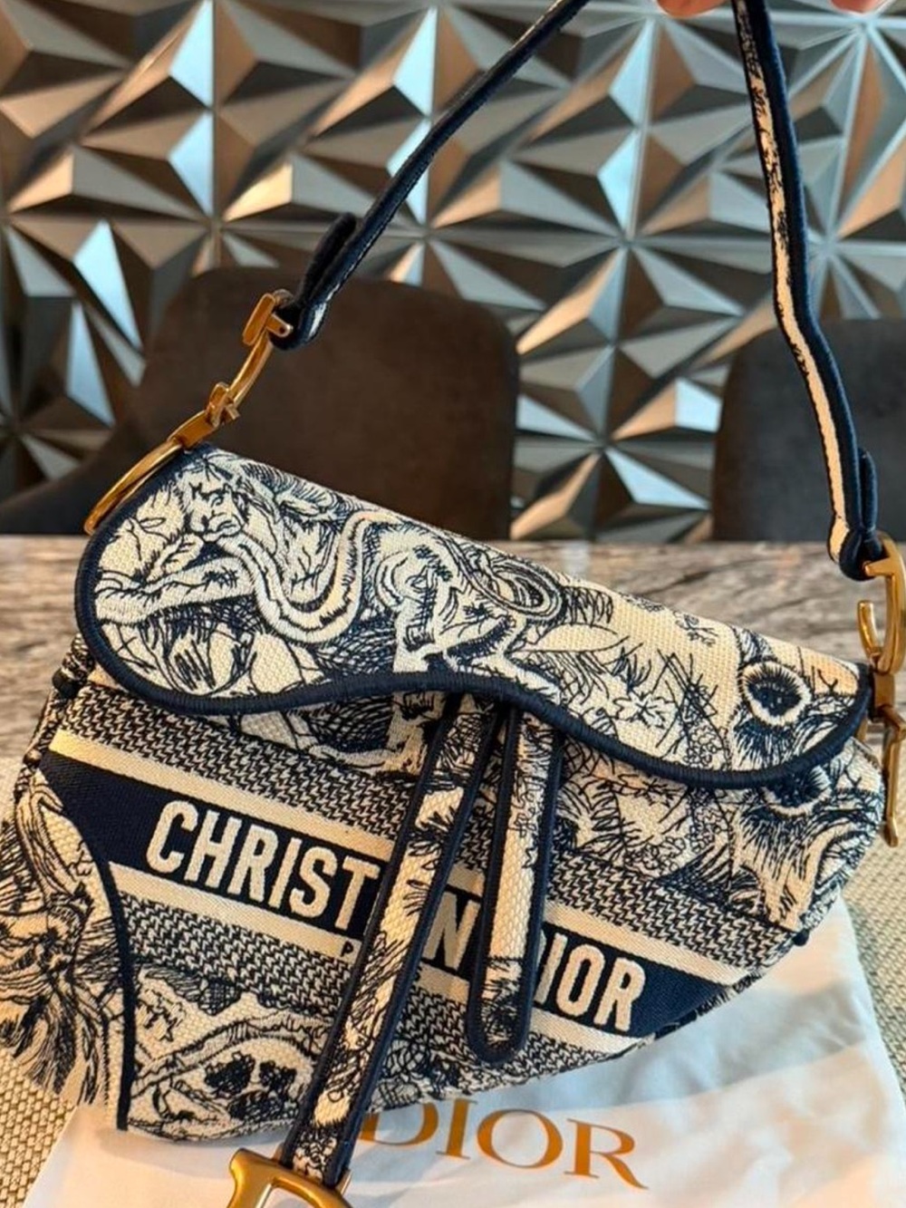 Christian Dior Beige & Navy Toile Saddle Bag